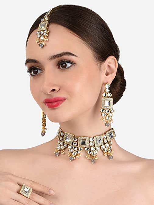 Grey Meenakari Kundan Choker Necklace Earring Maangtikka & Ring Set For Women