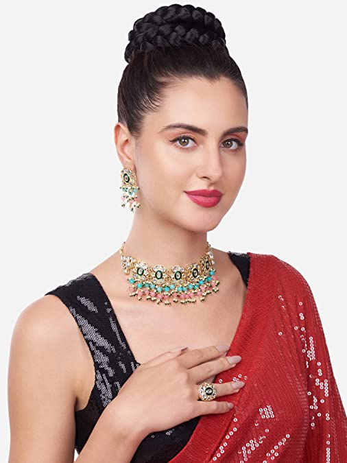 Pink & Green Beads Cluster Drops Kundan Choker Necklace Earring & Ring Set For Women