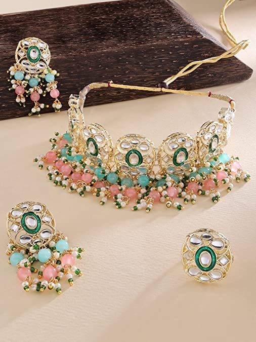 Pink & Green Beads Cluster Drops Kundan Choker Necklace Earring & Ring Set For Women