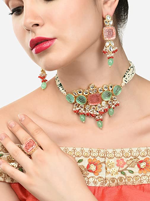 Multicolor Stones & Beads Multistrand Beaded Kundan Choker Necklace Earring & Ring Set For Women
