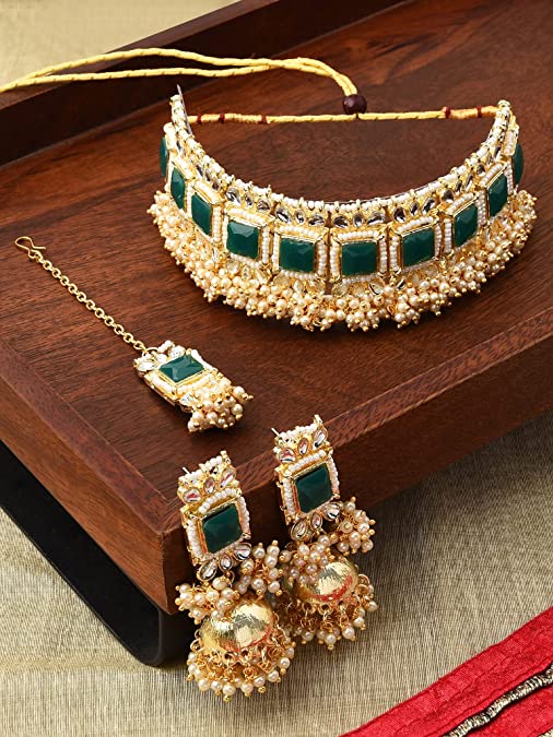 Green Stones & Clustered Pearls Necklace Earring & Maang tikka Set For Women