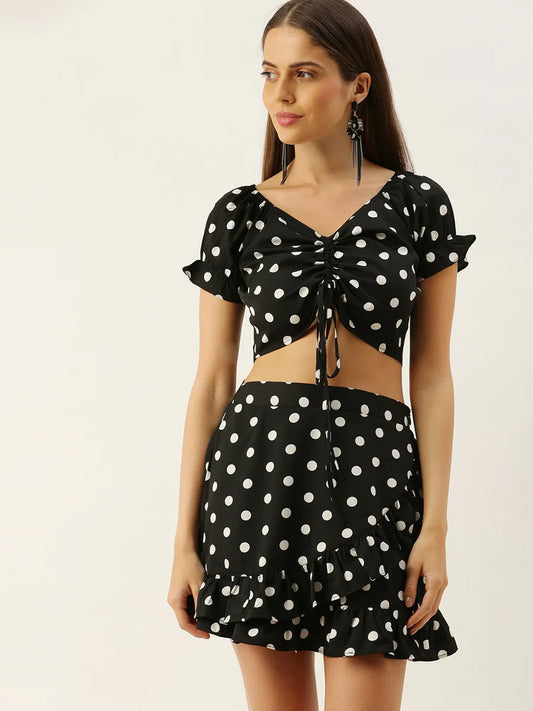 Women Black Polka Dot Printed V-Neck Fit & Flare Co-Ordinate Mini Dress