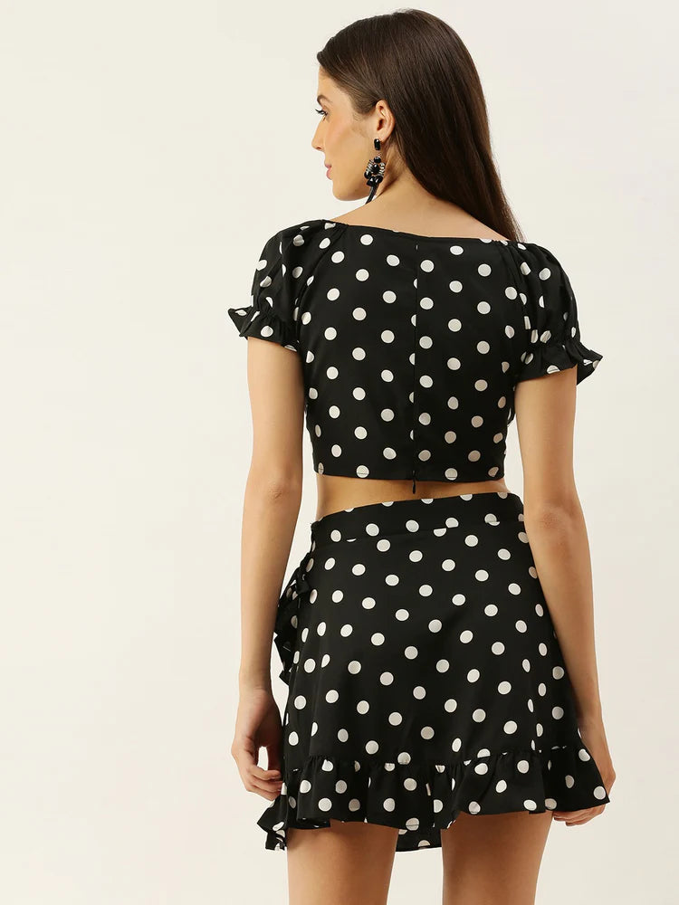 Women Black Polka Dot Printed V-Neck Fit & Flare Co-Ordinate Mini Dress