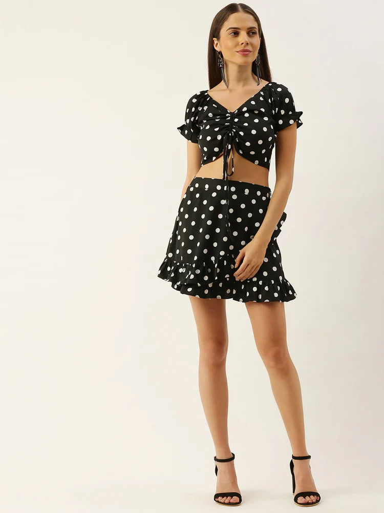 Women Black Polka Dot Printed V-Neck Fit & Flare Co-Ordinate Mini Dress