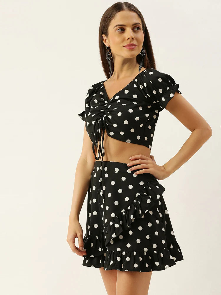 Women Black Polka Dot Printed V-Neck Fit & Flare Co-Ordinate Mini Dress