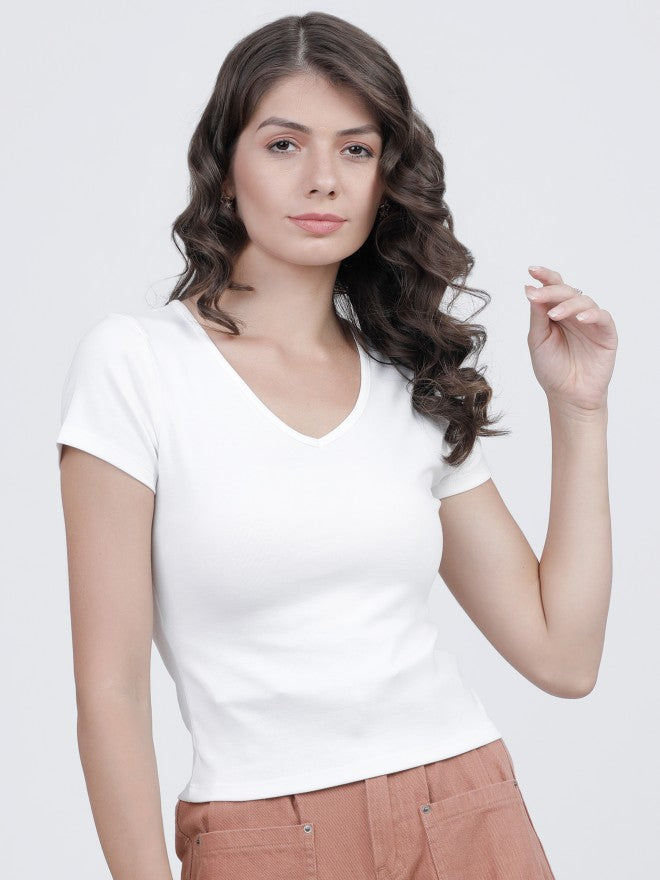 White V Neck Ribbed T-Shirt for Women