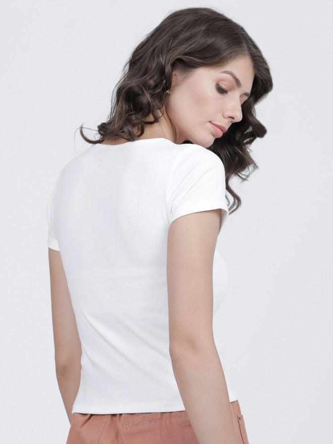 White V Neck Ribbed T-Shirt for Women